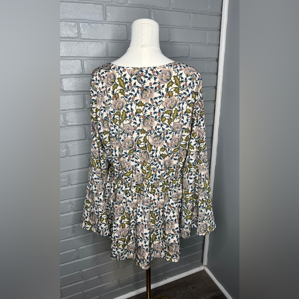 Floral Print Long-Sleeve Peasant Top - Cream/Olive - Picture 5 of 15